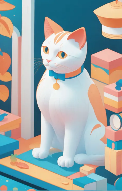 3d isometric, blender render, soft colorful-hued colors, illustration, flat 2d, pencil sketch of a cute cat <lora:Illustration_style:1> illustrStyle. Two tone lighting, simple background