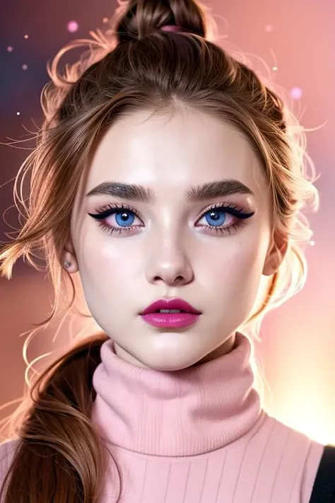 ((face focus)), ultra realistic face, photo of a girl, night, space, ocean, ((hair up, hair in bun, dark brown hair):1.2), ((turtleneck sweater):1.2),((closeup, portrait)), ((pink lipstick, eyeliner, eye shadow, blush):1.2), ((best quality, masterpiece, ex...