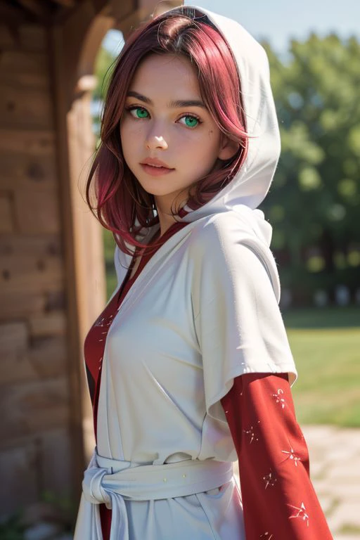 DSLR photo, upper body photo, a pretty lennacharlottetycoon, (whitemagelenna:1.5), (red prints:1.5), jewelry, hood, wide sleeves, necklace, robe, (white robe:1.5), white mage, 22 years old, (green eyes:1.5), pink hair, shiny oiled skin, top of a castle, bo...