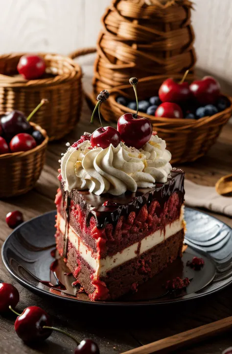 there is a piece of cake with cherries on top of it