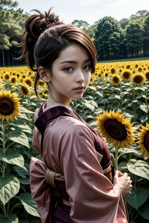 arafed woman in a kimono standing in a field of sunflowers