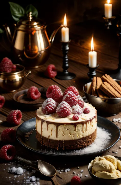 there is a cake with raspberries and ice cream on a plate