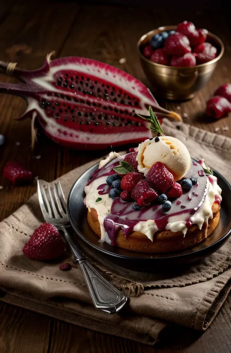 there is a dessert with fruit on a plate on a table