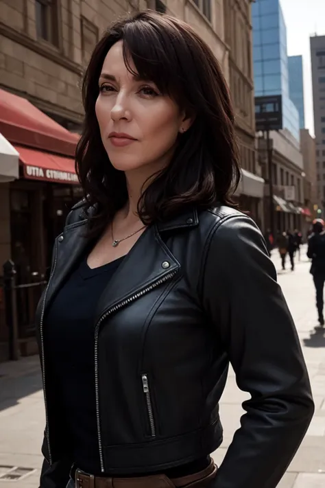 arafed woman in a black leather jacket standing on a city street