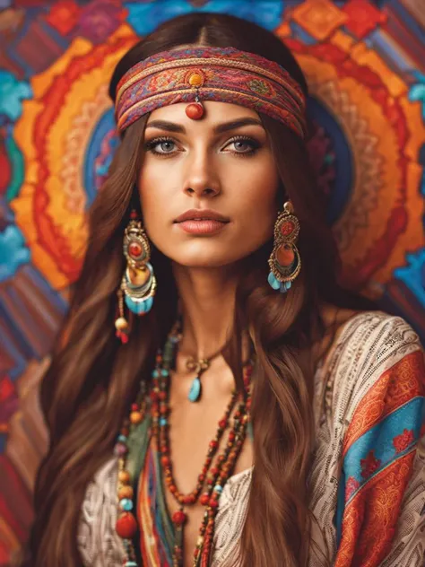 realistic photo, portrait of woman like a hippie from 1970s, high detailed face, high quality, 8k, vivid colors