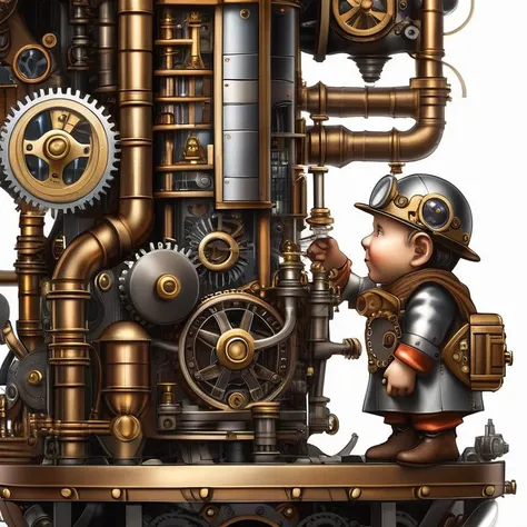 3. A tiny gnome tinkerer inside the intricate clockwork of a towering steampunk robot. Detailed macro perspective capturing the small mechanic at work.