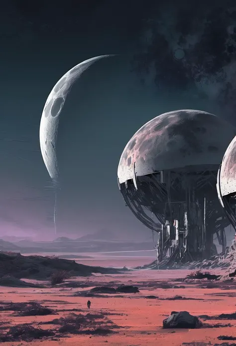 concept art An eerie scene of a ghostly moon base left to decay, its once thriving biodomes now overrun by alien vegetation. The relentless lunar twilight casts long, spectral shadows across the landscape, intensifying the sense of solitude . digital artwo...