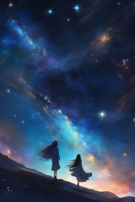 (masterpiece, best quality, highres, anime, pixiv), (1girl, long hair, looking at viewer, floating), (galaxy, starry), (abstract, abstract background, detailed, 8k),