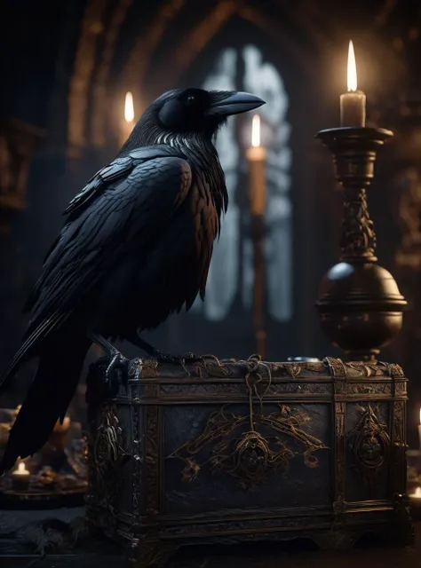 (dark magic), (grim), the raven, (intricate details), (hyperdetailed), 8k hdr, high detailed, lot of details, high quality, soft cinematic light, dramatic atmosphere, atmospheric perspective