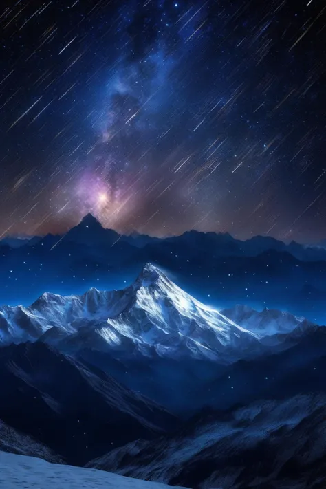 Galaxy night sky behind snow mountain silhouette at night, meteor shower,
(masterpiece:1.4), (photorealistic:1.5), 8K resolution, (extremely intricate:1.4), (exquisitely detailed:1.2), (dimmer lighting:1.2),