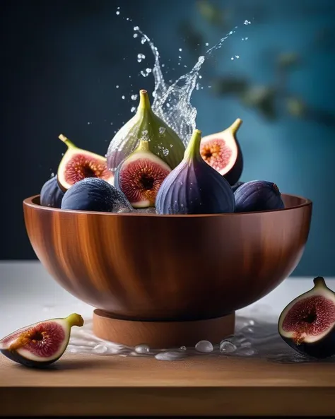 ((( Food Photography,))), ((Impressive)), ((Astounding)), ((Elegant)), ((Enchanting)), ((8K)), ((4K)), a wooden bowl filled with figs of different colour gradients placed on top of a table, a fig cut in to two pieces is tossed in the middle of water splash...