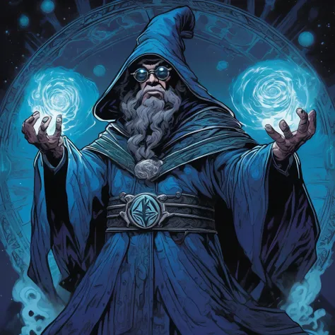 A powerful wizard summoning dark forces of blue and black to power an evil spell, art by Massimilano Frezzato, art by kev walker, art by Matisse, detailed, realistic lighting, amazing breathtaking details