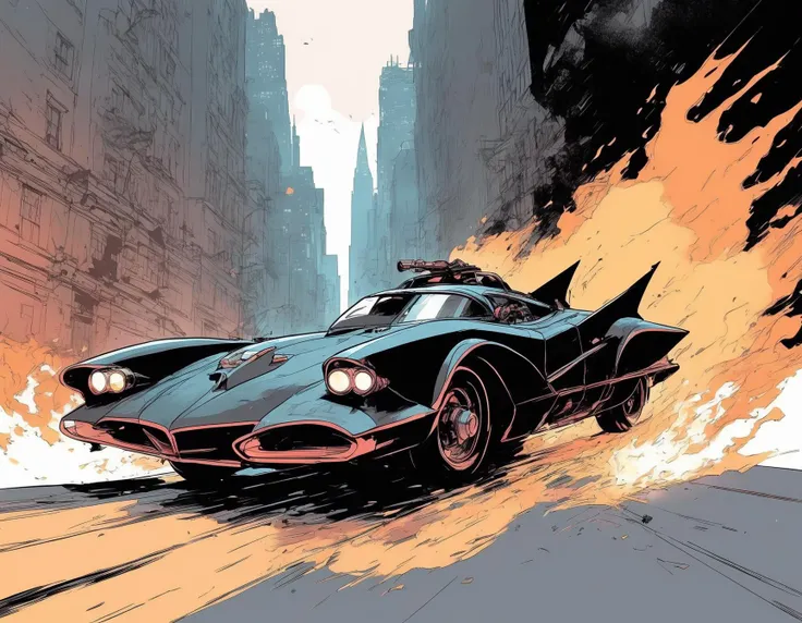 inkpunk illustration style of the batmobile in 1965, racing down the streets of Gotham with flames shooting out the back <lora:IPXL_v1:0.5>