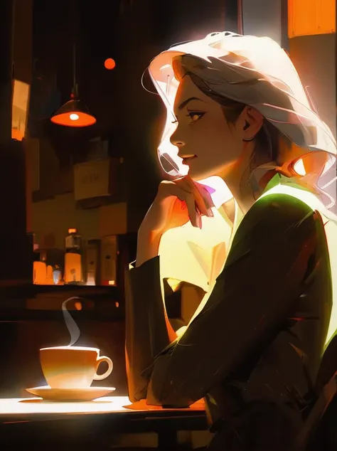 anime girl sitting at a table with a cup of coffee