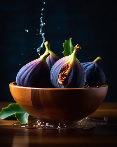 ((( Food Photography,))), ((Impressive)), ((Astounding)), ((Elegant)), ((Enchanting)), ((8K)), ((4K)), a wooden bowl filled with figs on top of a table, a fig cut in to two pieces is tossed in the middle of water splashes, a still life by Jean-Pierre Norbl...