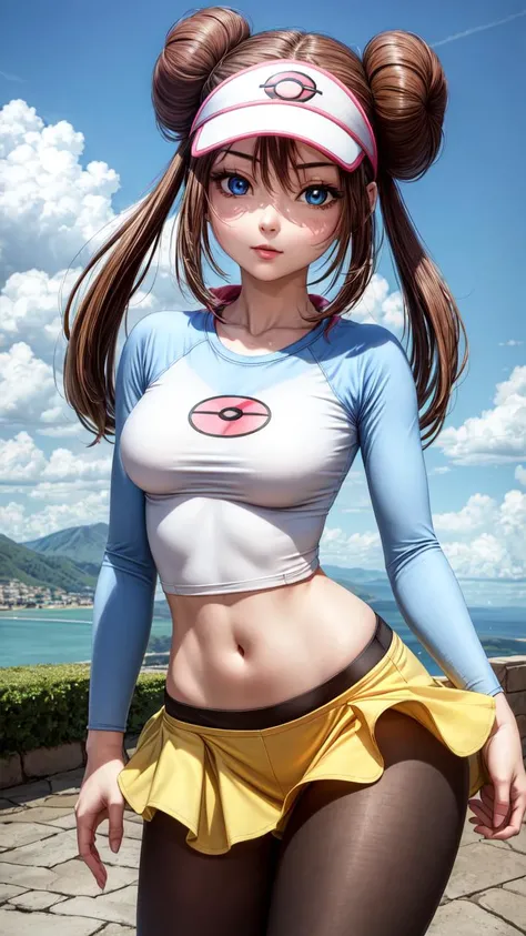 <lyco:GoodHands-beta2:0.1>, (1girl, solo, masterpiece, 4k, NSFT, ((cowboy shot)), best quality:1.2, NICE HANDS, COLORFUL), rosa, brown hair, double bun, doughnut hair bun, hair bun, blue eyes, hair between eyes, twintails, pantyhose, pantyhose under shorts...