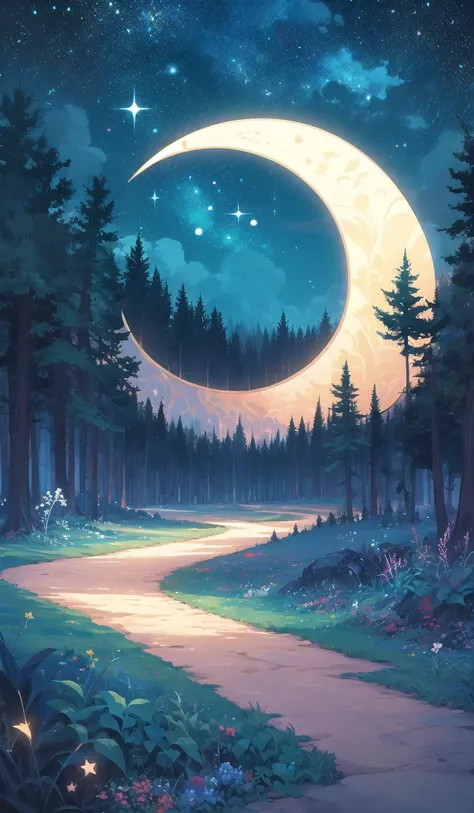 a painting of a path leading to a forest with a crescent