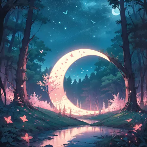 a painting of a crescent in the middle of a forest