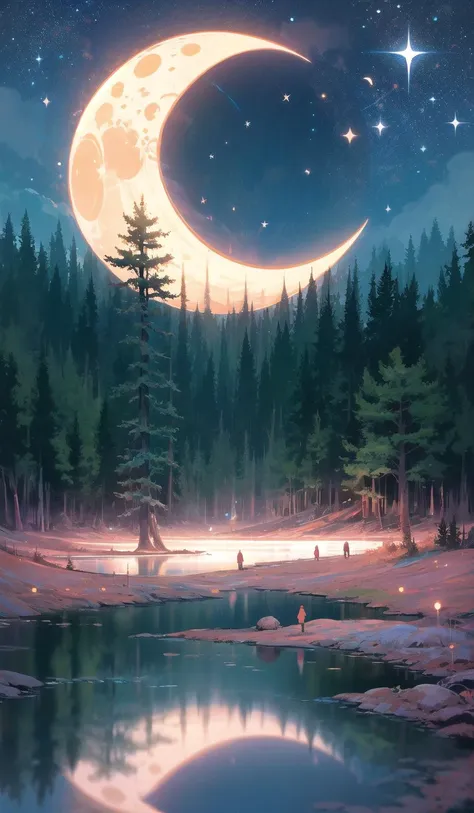 a painting of a full moon over a lake with people walking around