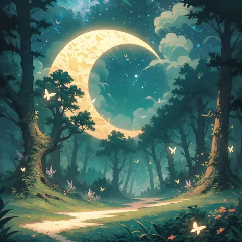 a painting of a full moon in the sky over a forest