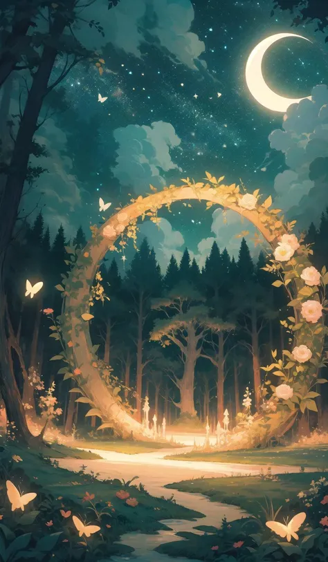 a painting of a forest with a path and a moon