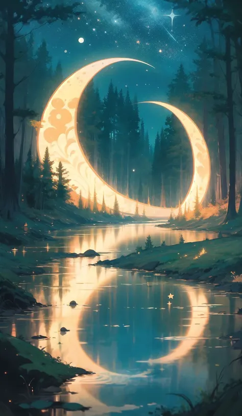 a painting of a crescent shaped object in the middle of a forest