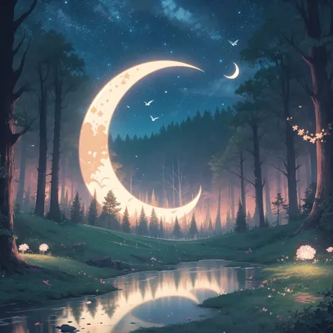 a painting of a crescent in the middle of a forest