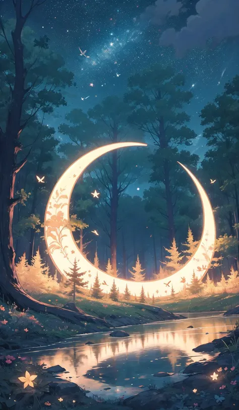 a painting of a crescent in the middle of a forest