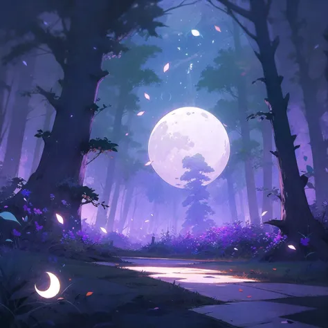 a purple forest with a full moon and a path