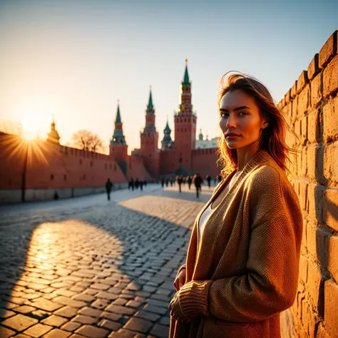 (((in a plaza with the kremlin wall in the background))), golden hour, warm tones, 4k high resolution, captured on hasselblad, 6...