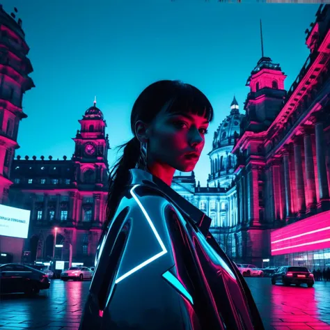 (((in a square with the reichstag building in the background))), cyberpunk vibes, high contrast colors, 4k ultra detailed, shot ...