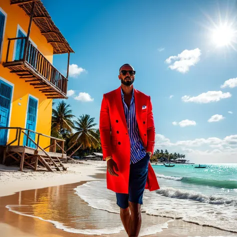 (((on a beach with the zanzibar beaches in the background))), bold primary colors, high contrast, 4k ultra sharp, captured on ni...