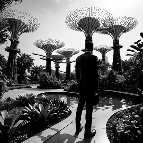 (((in a garden with the gardens by the bay in the background))), moody black and white, deep shadows, 4k rich detail, captured o...