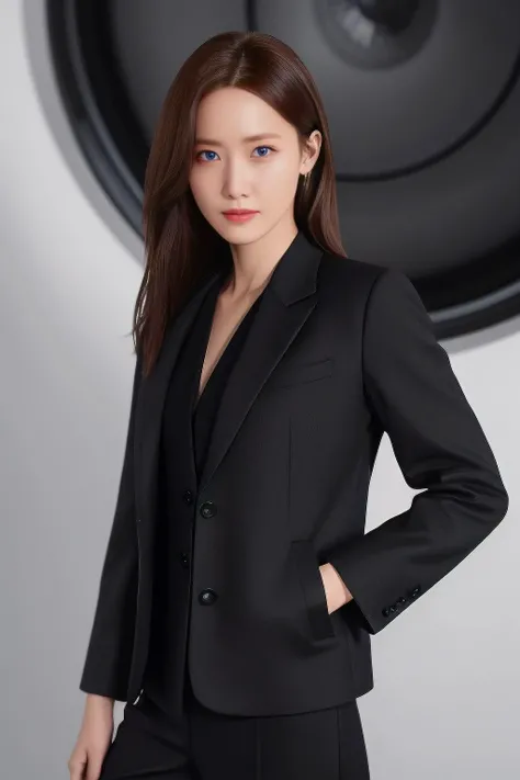 yoona1 1girl, solo, (realistic), (hyperrealism), (best quality), (masterpiece), (ultra high res), (ultradetailed), (photorealistic), (upper body:1.2), looking at the viewer, black jacket, at the studio, light eye makeup, detailed eyes, detailed face, <lora...