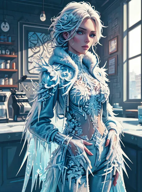 a woman in a blue costume standing in a kitchen