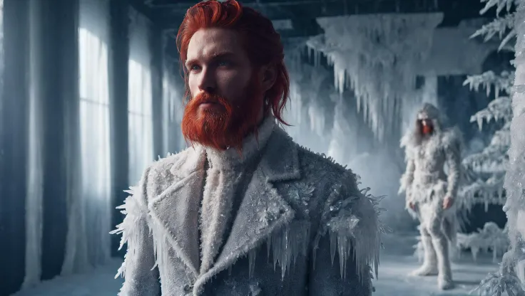 a man with a beard and a red beard in a white coat