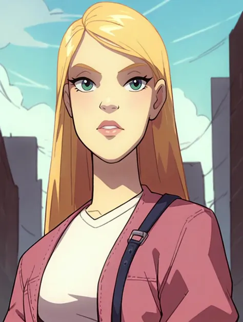 a woman with blonde hair and a pink jacket standing in front of a city