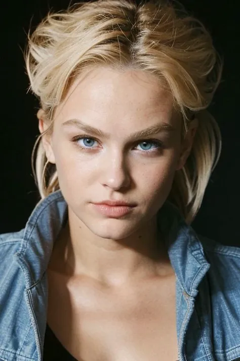 a close up of a woman with a denim jacket on