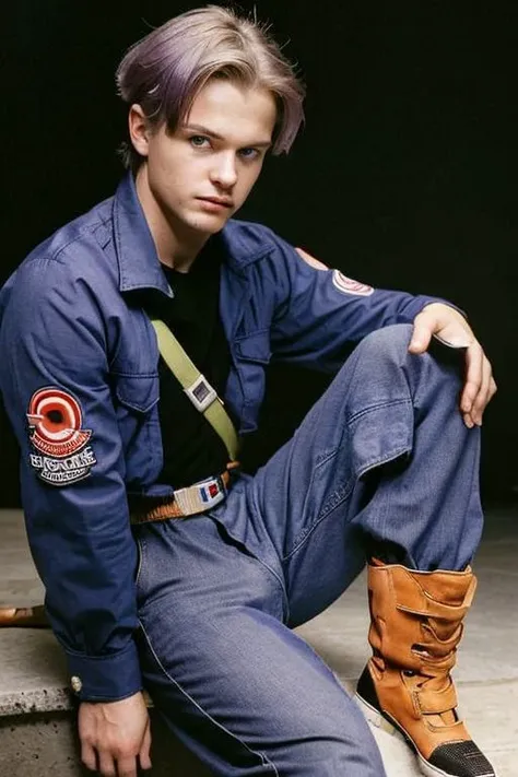 arafed man in blue uniform sitting on steps with boots