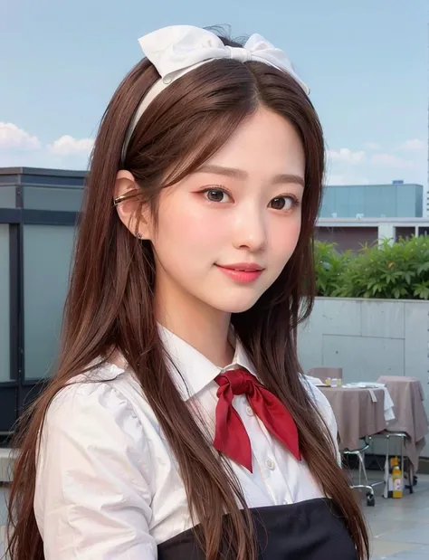 (RAW photo, best quality), (realistic, photo-realistic:1.2), a close up portrait photo, minju, shopping mall rooftop cafe, outdoor, light smile, (high detailed skin:1.4), puffy eyes, gorgeous hair, air bangs, brown black hair, white opaque shirt with bow t...