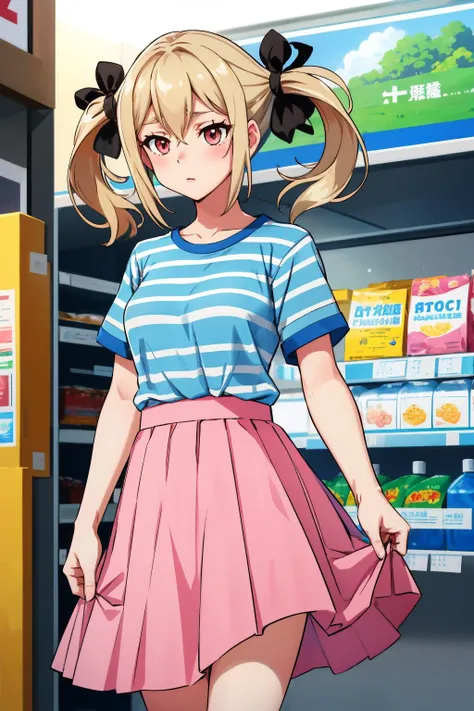 <lora:frau-nvwls-v1-final:0.8> koujiro frau, hair ribbons, blue striped tshirt, striped, ((pink skirt)), ((long skirt))
masterpiece, best quality, absurdres, convenience store,