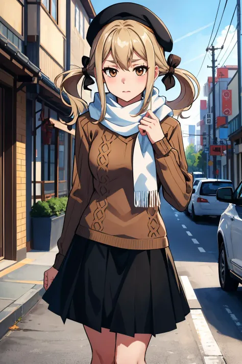 <lora:frau-nvwls-v1-final:0.8> koujiro frau, hair ribbons, ((beret)), ((brown sweater)), ((white scarf)), black skirt, long skirt
masterpiece, best quality, absurdres, japanese town,