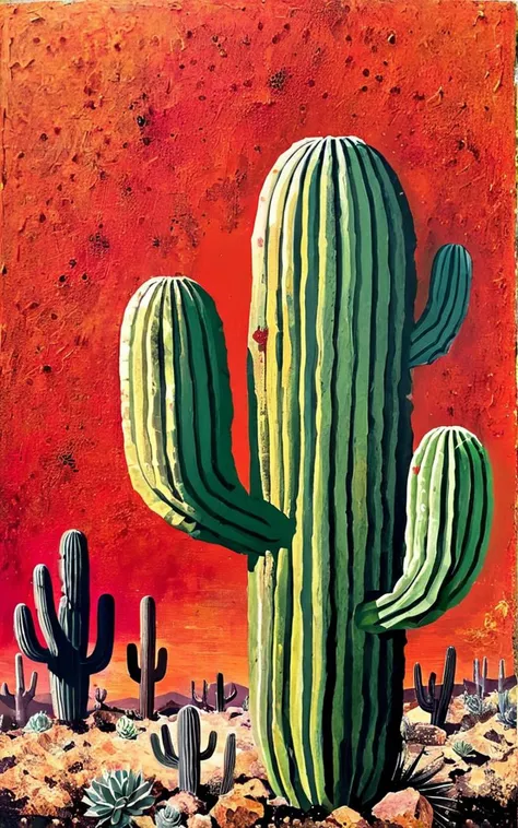 painting of a cactus plant in a desert with a red sky