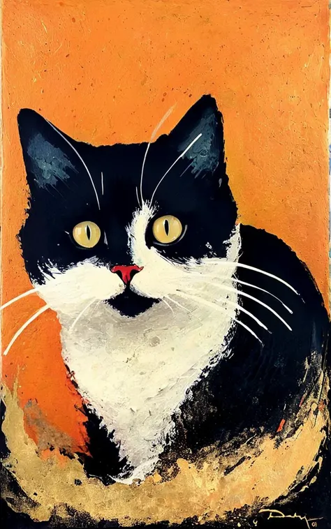 painting of a black and white cat sitting on a orange surface