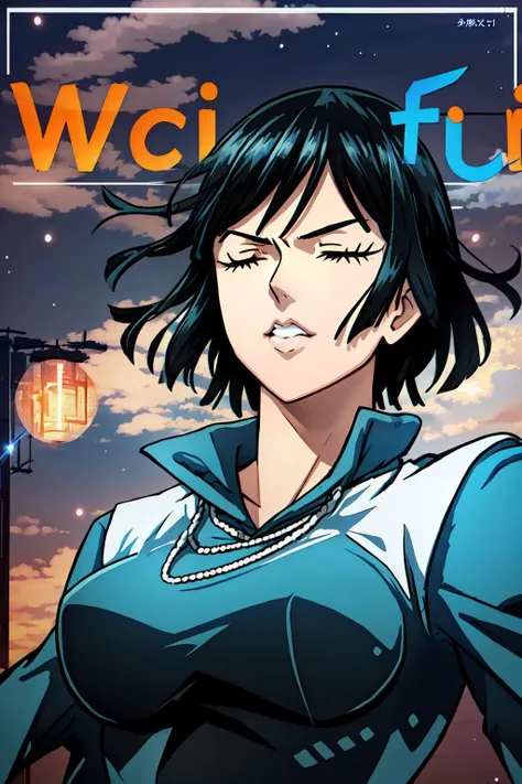 a cartoon picture of a woman with a blue shirt and a black hair