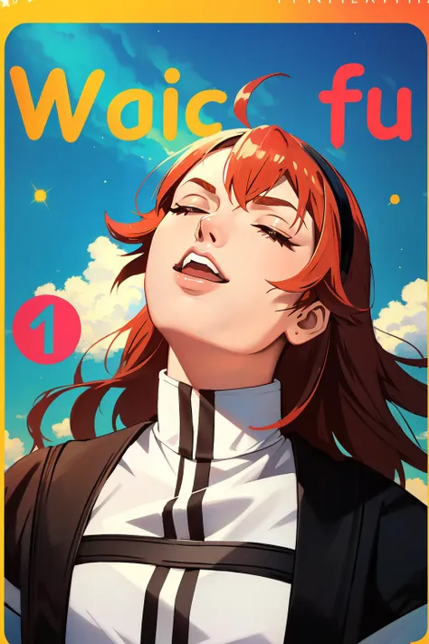 a woman with red hair and a black jacket is looking up at the sky