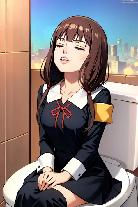 anime girl sitting on a toilet in a bathroom with a city view