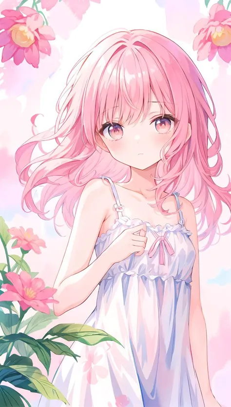 a close up of a person with pink hair and a dress