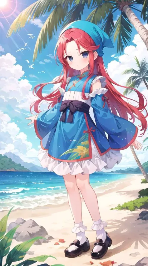 a girl in a blue dress standing on a beach next to a palm tree