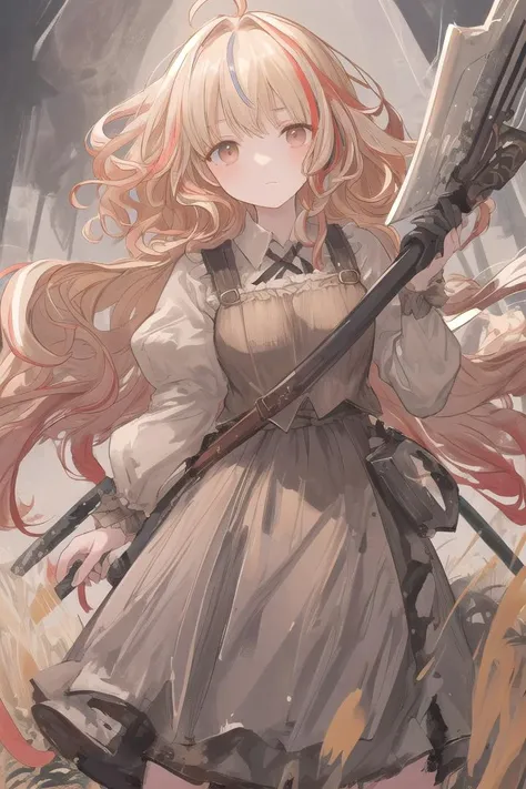 oil painting,portrait of a 1girl in the farm field wind mills, heavy brushstrokes, moody, Rembrandt-style lighting, high contrast, vintage,
((large shield,weapon)),He has a large shield and a weapon.
(short cut,blonde-red-hair),((streaked hair)),ahoge,